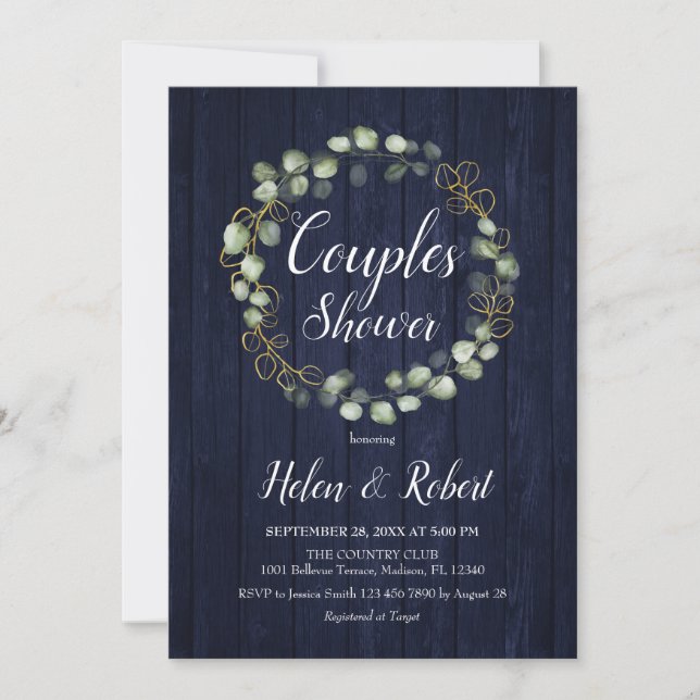 Eucalyptus Wreath Navy Blue Couples Shower Invitation (Front)