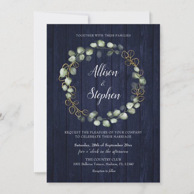 Eucalyptus Wreath Navy Blue Wedding Invitation (Front)