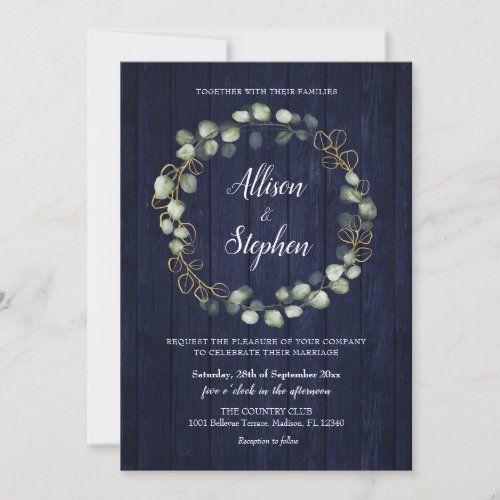 Eucalyptus Wreath Navy Blue Wedding Invitation