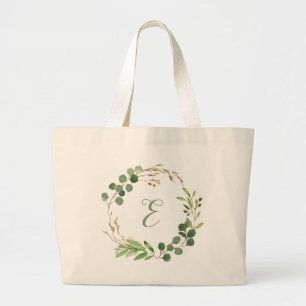 Eucalyptus wreath personalized monogram large tote bag