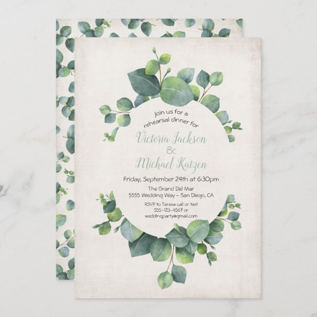Eucalyptus Wreath Rehearsal Dinner Invitation (Front/Back)