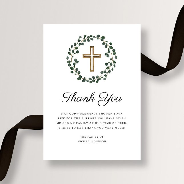 Eucalyptus Wreath Religious Cross Funeral Thank You Card (Eucalyptus Wreath Religious Cross Funeral Thank You Card)