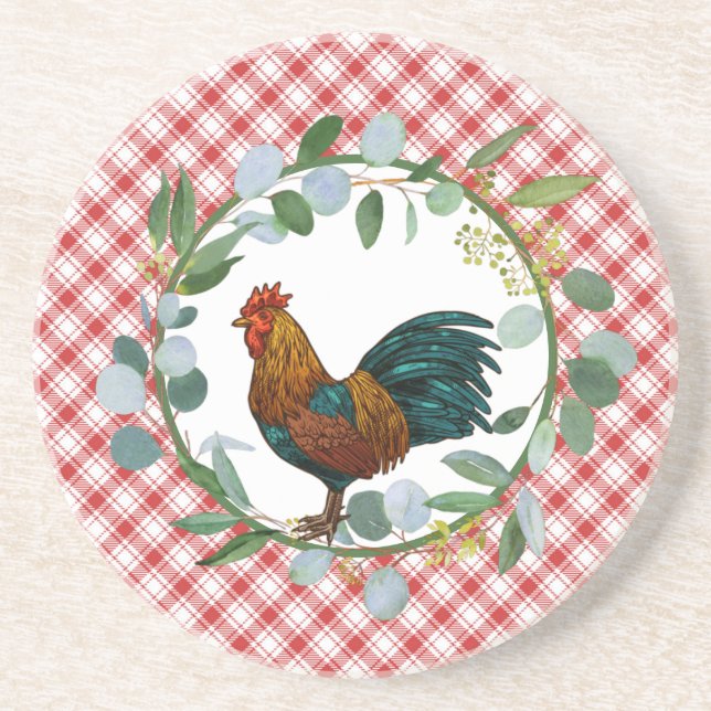 Eucalyptus Wreath & Rooster Farmhouse  Coaster (Front)