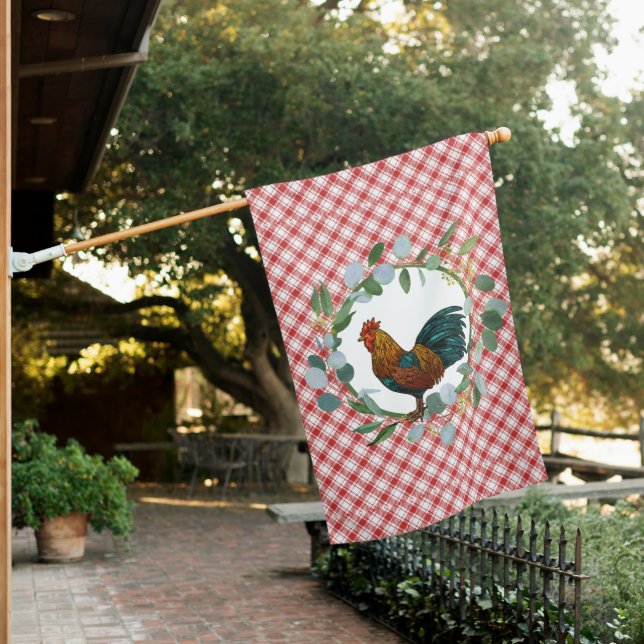 Eucalyptus Wreath & Rooster Farmhouse   House Flag (In SItu)
