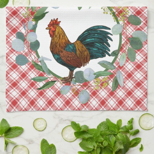 Eucalyptus Wreath  Rooster Farmhouse  Kitchen Towel