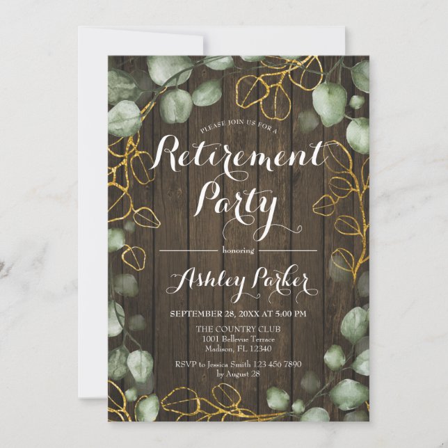 Eucalyptus Wreath Rustic Wood Retirement Party Invitation (Front)
