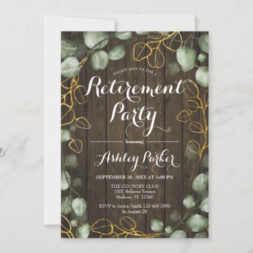 Eucalyptus Wreath Rustic Wood Retirement Party Invitation