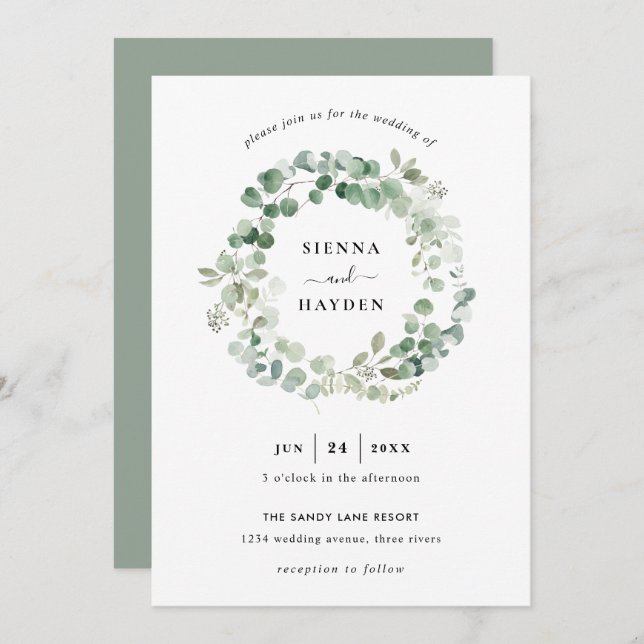Eucalyptus Wreath Sage Green Wedding Invitation (Front/Back)