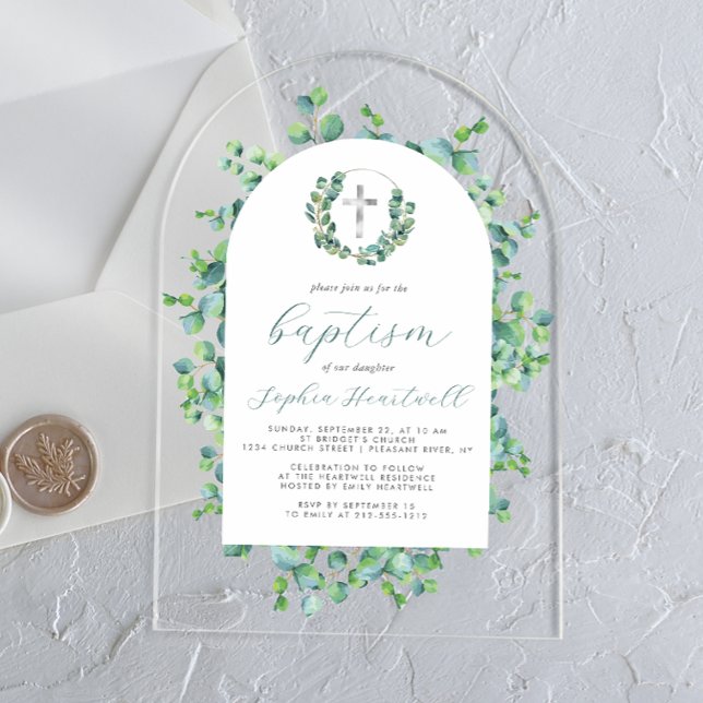 Eucalyptus Wreath Silver Cross Arch Baptism Acrylic Invitations (Creator Uploaded)