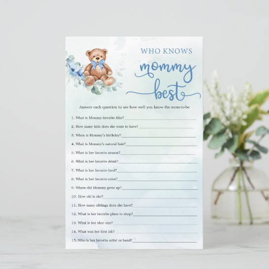 Eucalyptus Wreath Teddy Bear Boy Baby Shower game (Standing Front)