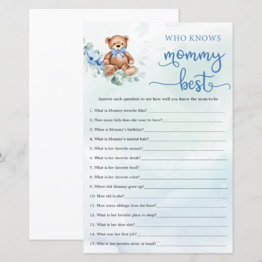 Eucalyptus Wreath Teddy Bear Boy Baby Shower game (Front/Back)