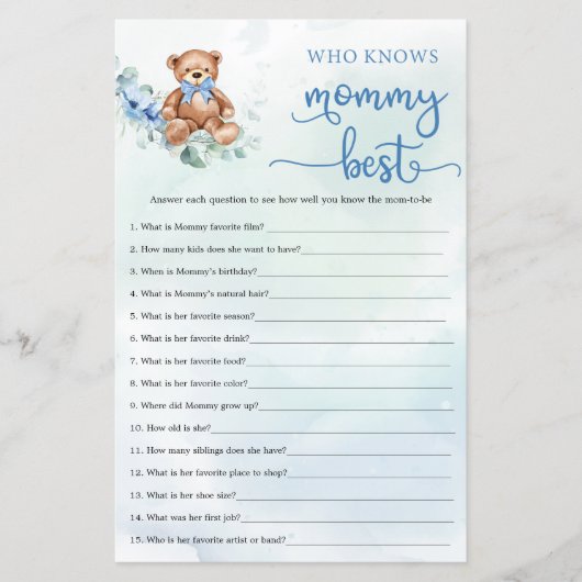 Eucalyptus Wreath Teddy Bear Boy Baby Shower game (Front)