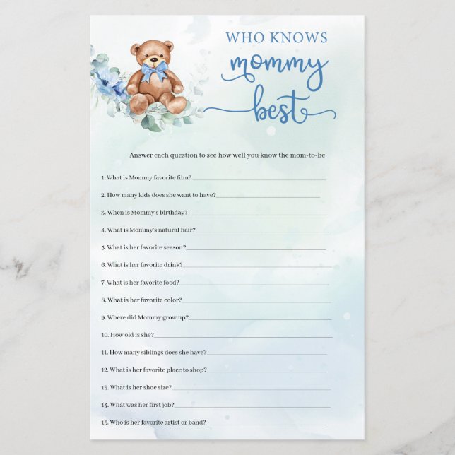 Eucalyptus Wreath Teddy Bear Boy Baby Shower game (Front)