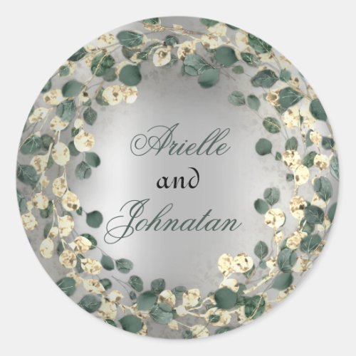 Eucalyptus Wreath Wedding Name Favor Green Gold Classic Round Sticker