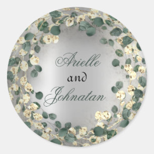 Eucalyptus Wreath Wedding Name Favor Green Gold Classic Round Sticker