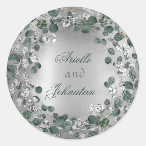 Eucalyptus Wreath Wedding Name Favor Green Gray Classic Round Sticker