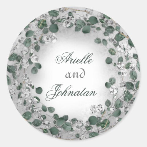 Eucalyptus Wreath Wedding Name Favor Green Silver Classic Round Sticker