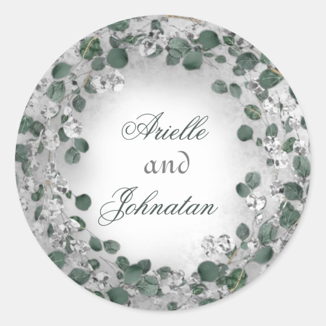 Eucalyptus Wreath Wedding Name Favor Green Silver Classic Round Sticker (Front)
