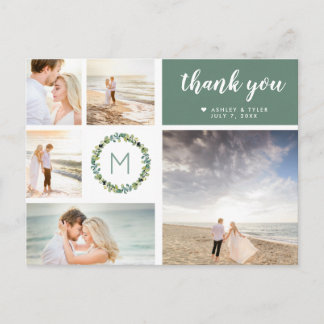 Eucalyptus Wreath Wedding Photo Collage Thank You Postcard