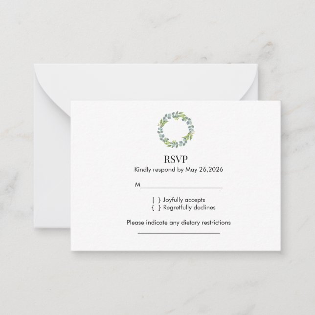 Eucalyptus Wreath Wedding RSVP  Note Card (Front)