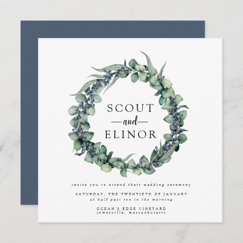 Eucalyptus Wreath with Berries Minimalist Wedding Invitation