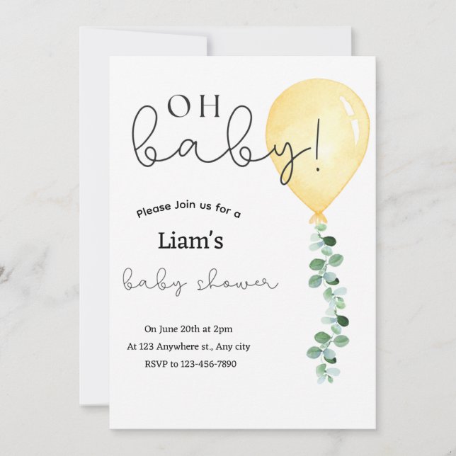 Eucalyptus yellow balloon baby shower invitation  (Front)