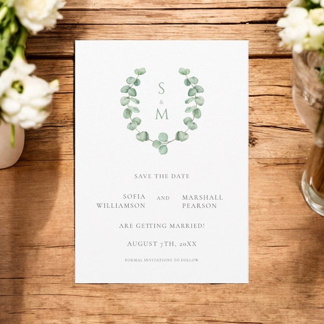 Eucalypus monogram save the date  invitation (beautiful clean monogram save the date with green folage 
)