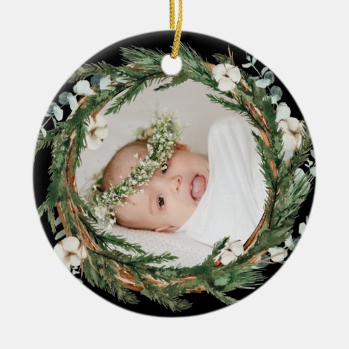 Eucalytus and Pine Wreath Baby Photo Christmas Cer Ceramic Ornament