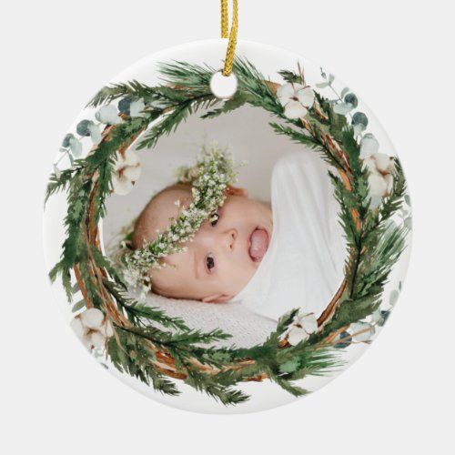 Eucalytus and Pine Wreath Baby Photo Christmas Ceramic Ornament