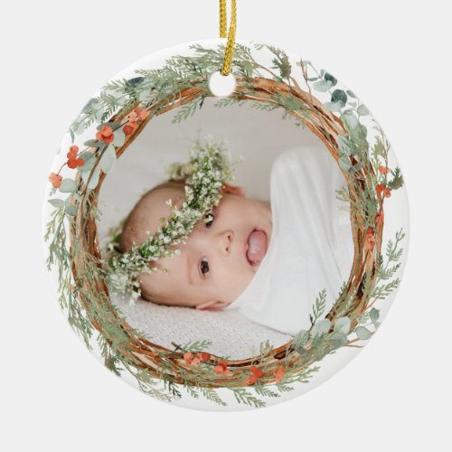 Eucalytus and Winterberry Wreath Baby Christmas Ceramic Ornament