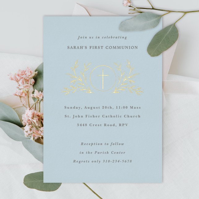Eucharist First Communion Blue Gold  Foil Invitation (Creator Uploaded)