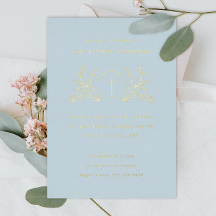 Eucharist First Communion Blue Gold Foil Invitation