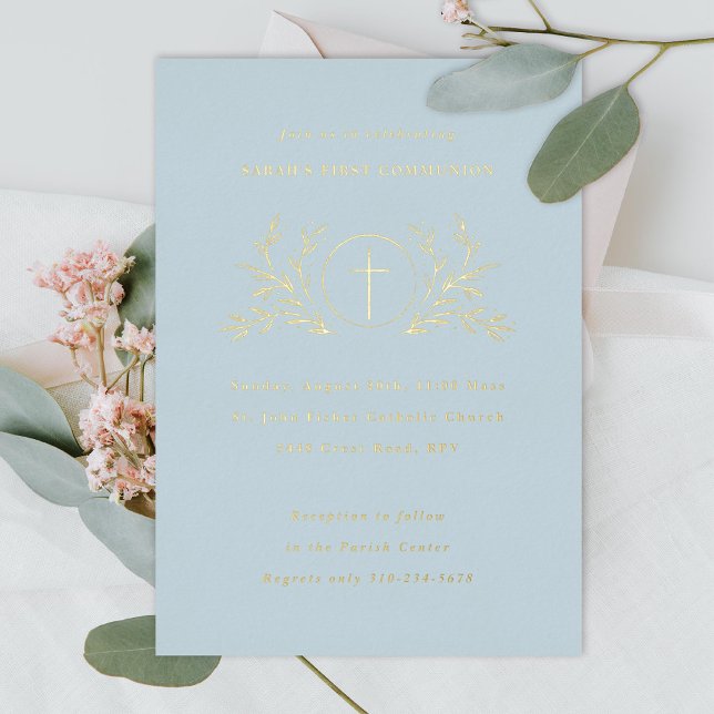 Eucharist First Communion Blue Gold Foil Invitation (Creator Uploaded)