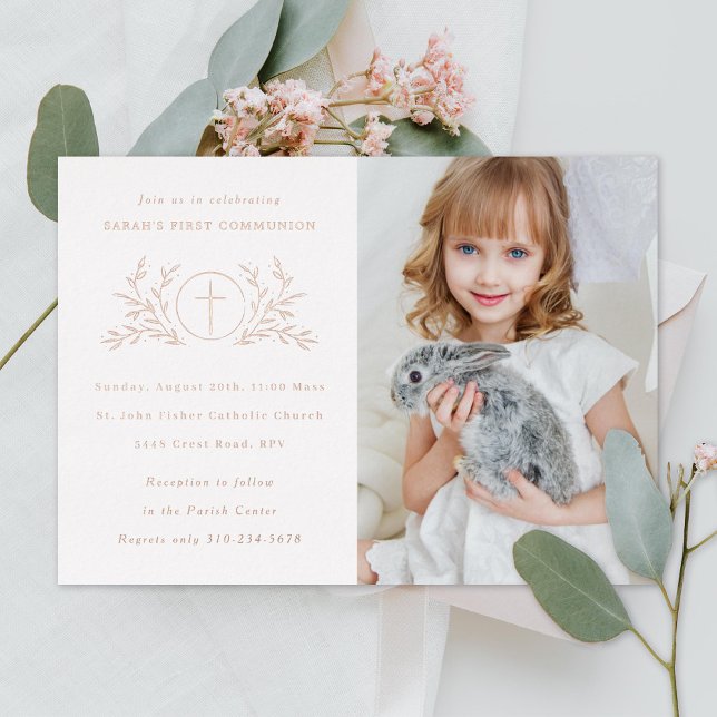 Eucharist First Communion Photo Rose Gold Foil Invitation (Creator Uploaded)