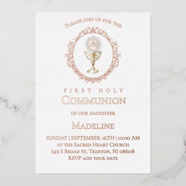 Eucharist First Holy Communion rose gold Foil Invitation (Front)