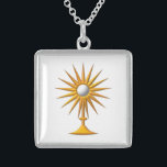 Eucharist in Monstrance Necklace<br><div class="desc">This "3-D" look design features an image of The Blessed Sacrament/Holy Eucharist in a gold colored monstrance. Feel free to change the background color via Zazzle's amazing customization tools.</div>