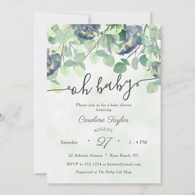 Eucualyptus Greenery Navy Blue Floral Baby Shower Invitation (Front)