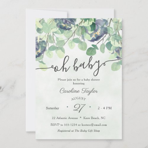 Eucualyptus Greenery Navy Blue Floral Baby Shower Invitation