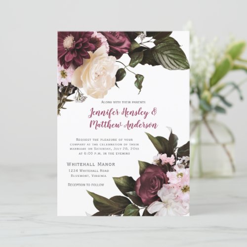 Euphoria Blush Pink and Burgundy Floral Wedding Invitation