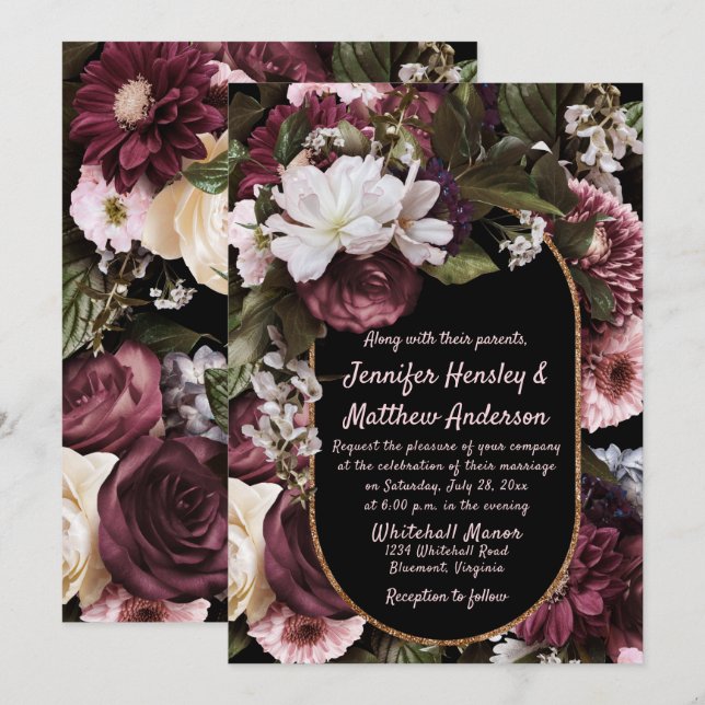 Euphoria Burgundy and Pink Rustic Floral Wedding Invitation (Front/Back)
