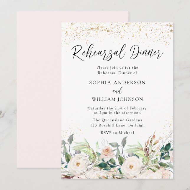 Euphoric Blush & White Flowers Rehearsal Dinner Invitation (Front/Back)