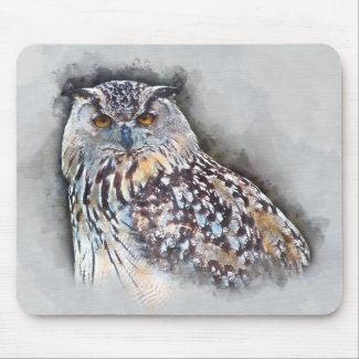 Eurasian Eagle Owl Watercolor Portrait Mouse Pad