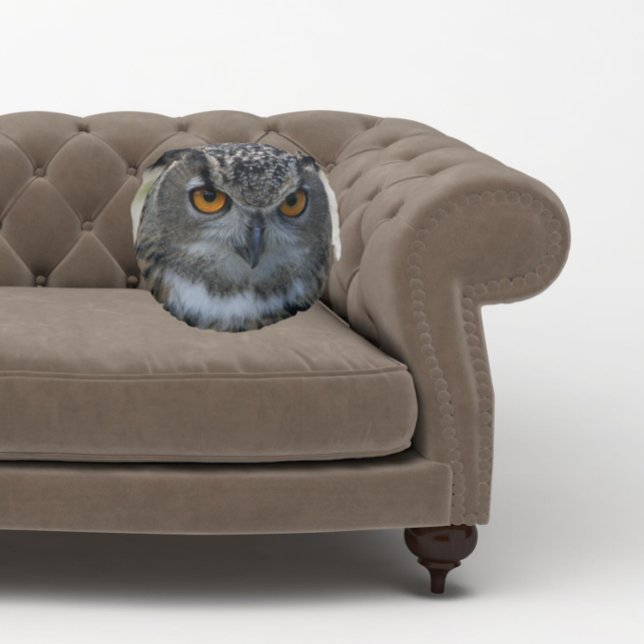 Eurasian Eagle Owl with Orange Eyes Round Pillow (In Situ Sofa)
