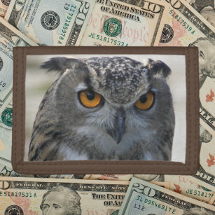 Eurasian Eagle Owl with Orange Eyes Trifold Wallet