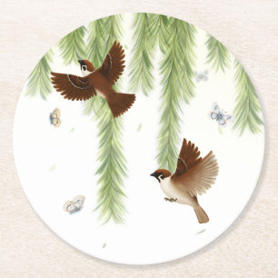 Eurasian Tree Sparrows Under a Weeping Willow Tree Round Paper Coaster