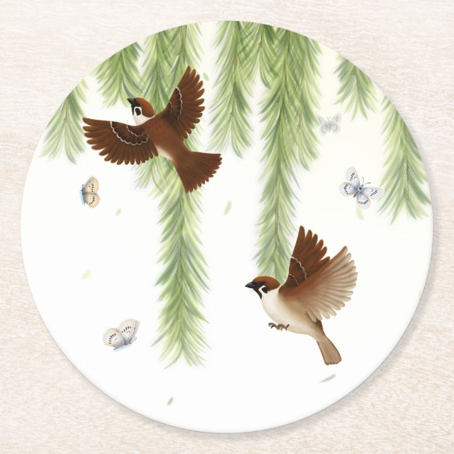 Eurasian Tree Sparrows Under a Weeping Willow Tree Round Paper Coaster (Front)