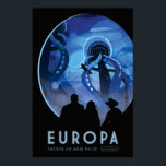 Europa Space Travel Poster<br><div class="desc">Discover Life Under the Ice Astonishing geology and the potential to host the conditions for simple life make Jupiter's moon Europa a fascinating destination for future exploration. Beneath its icy surface, Europa is believed to conceal a global ocean of salty liquid water twice the volume of Earth's oceans. Tugging and...</div>
