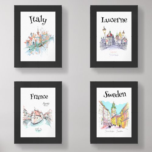 Europe Black Ink Village Art Wall Art Sets