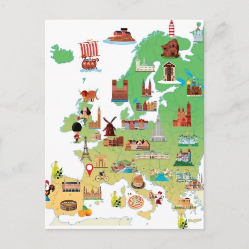 Europe Cartoon Map Postcard