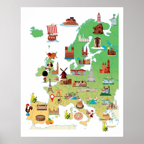 Europe Cartoon Map Poster